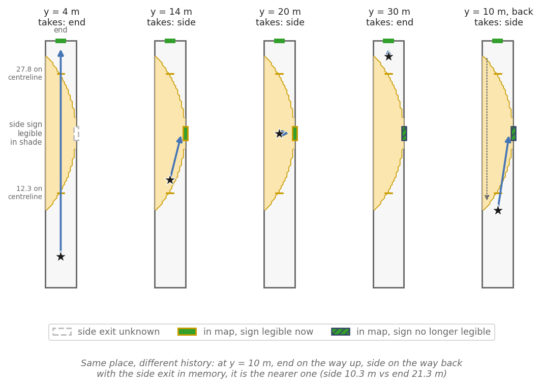 Five probes of one corridor: side exit unknown at y = 4, learned at y = 14, legible at y = 20, known but not legible at y = 30, and first-ranked at a return probe at y = 10