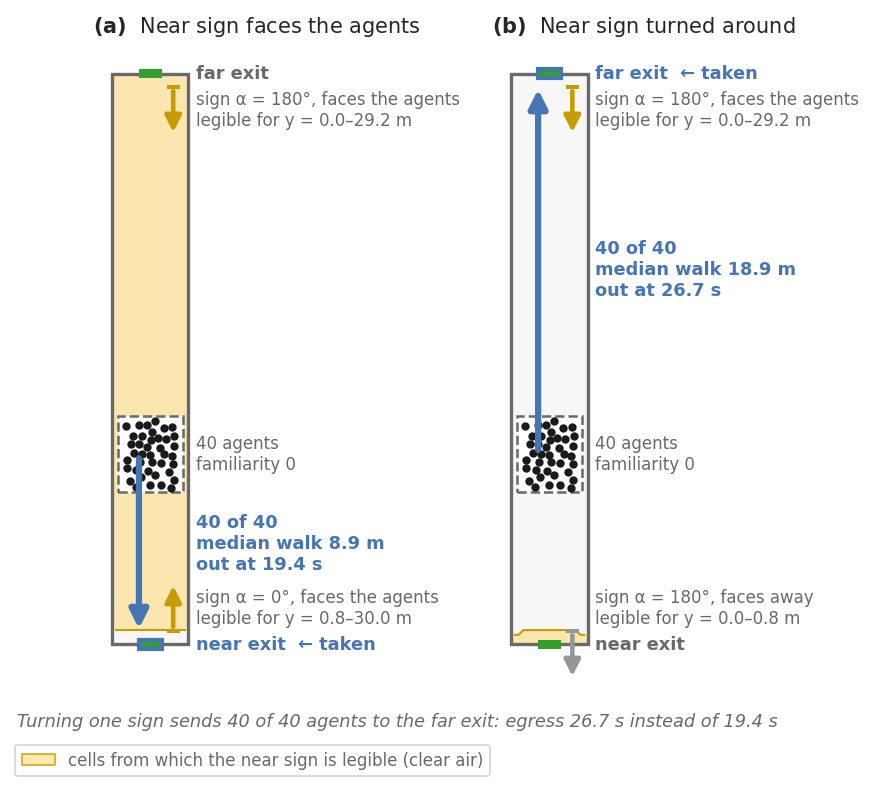 Two 30 m corridors side by side, each with an exit at both ends and the cells from which the near sign is legible shaded yellow; in the left corridor the near sign faces the agents and all 40 take the near exit, in the right the near sign faces away and all 40 walk to the far exit